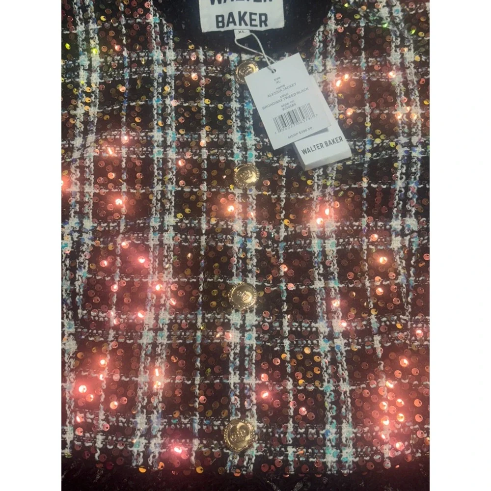 Walter Baker‎ Alessia Jacket Women's XL Broadway Tweed Black Cropped Fringe Hem
